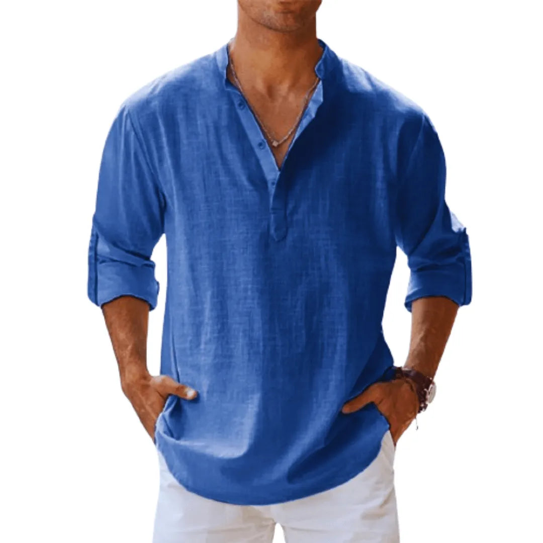 Men's Linen Henley Shirt With Roll-up Sleeves