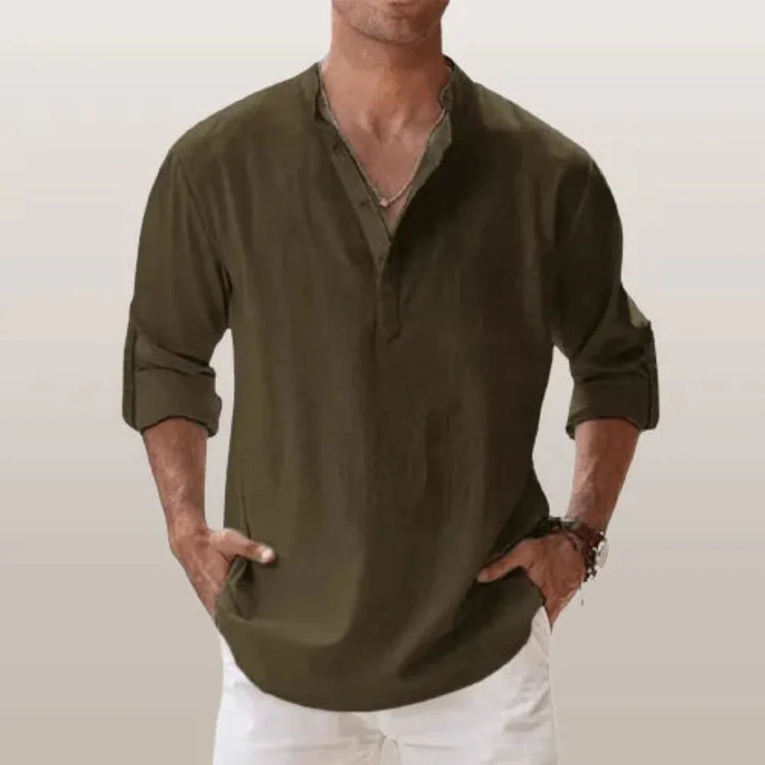 Men's Linen Henley Shirt With Roll-up Sleeves