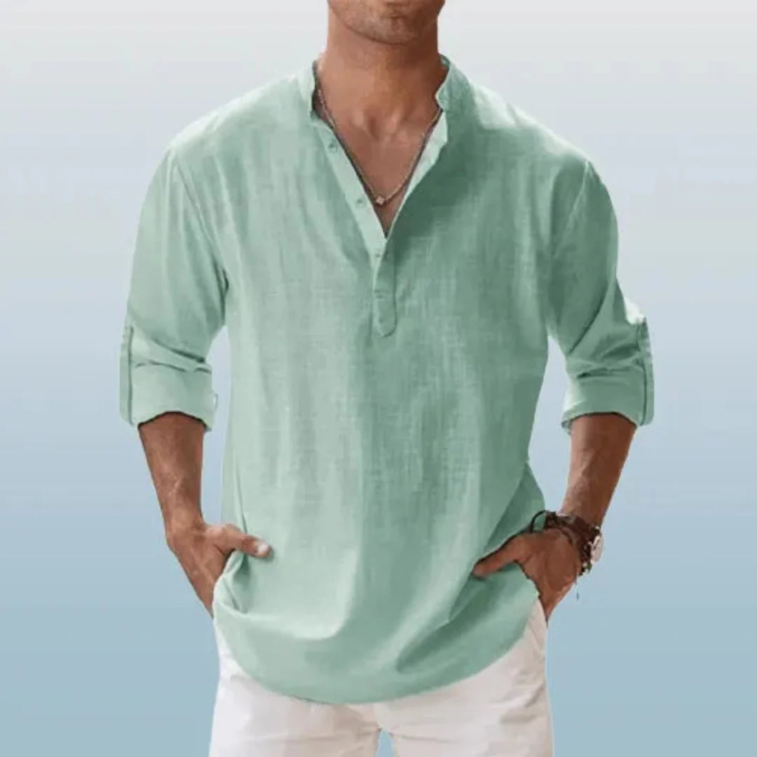 Men's Linen Henley Shirt With Roll-up Sleeves