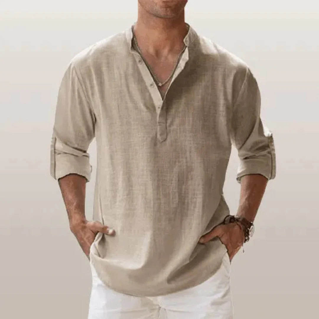 Men's Linen Henley Shirt With Roll-up Sleeves