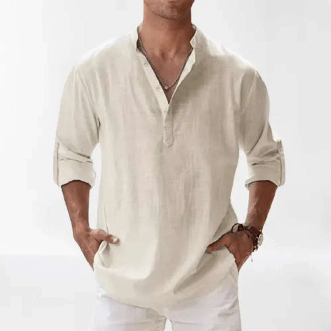 Men's Linen Henley Shirt With Roll-up Sleeves