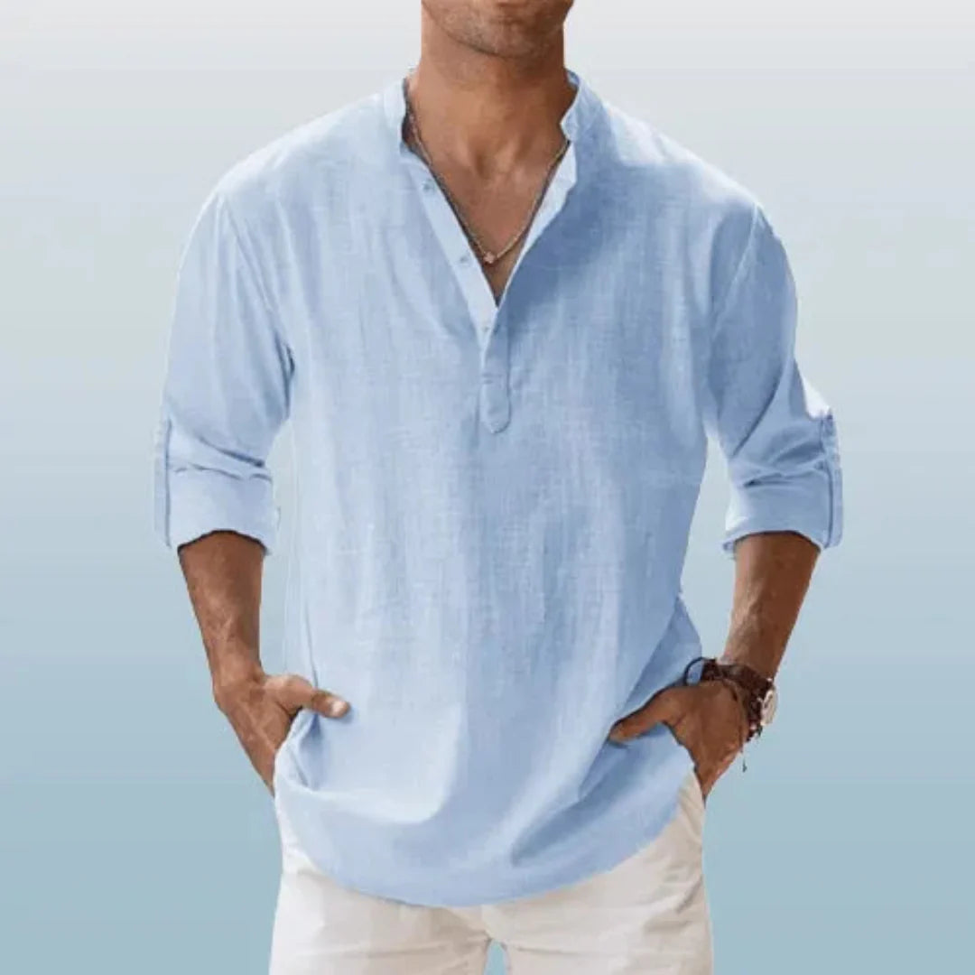Men's Linen Henley Shirt With Roll-up Sleeves