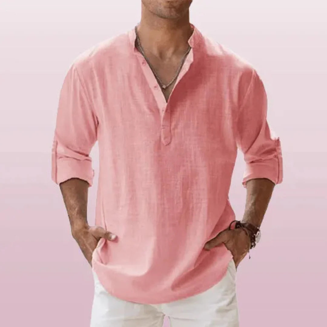 Men's Linen Henley Shirt With Roll-up Sleeves