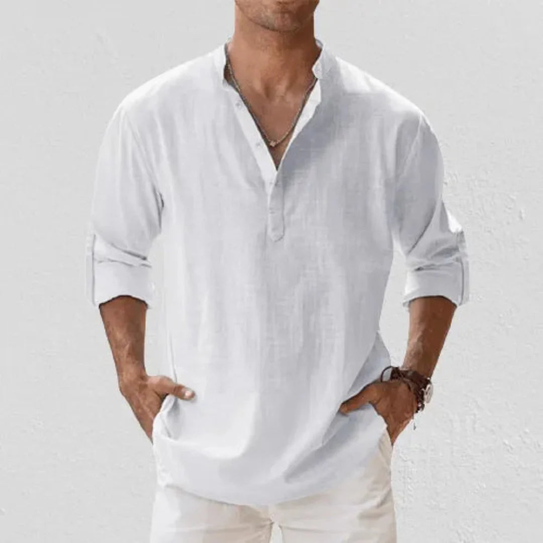 Men's Linen Henley Shirt With Roll-up Sleeves