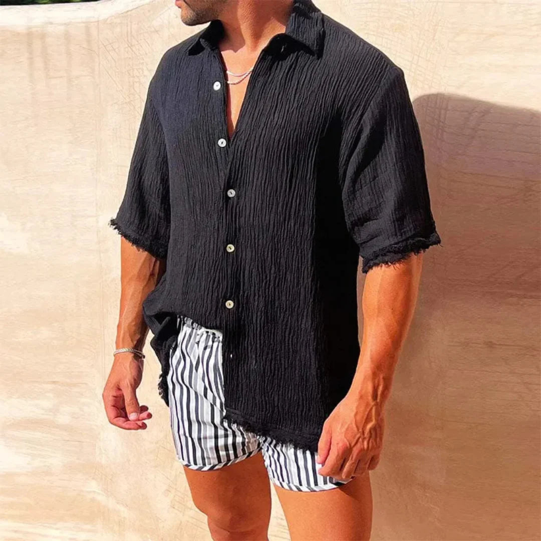 Men's Summer Casual Shirt With Short Sleeves And Frayed Hem