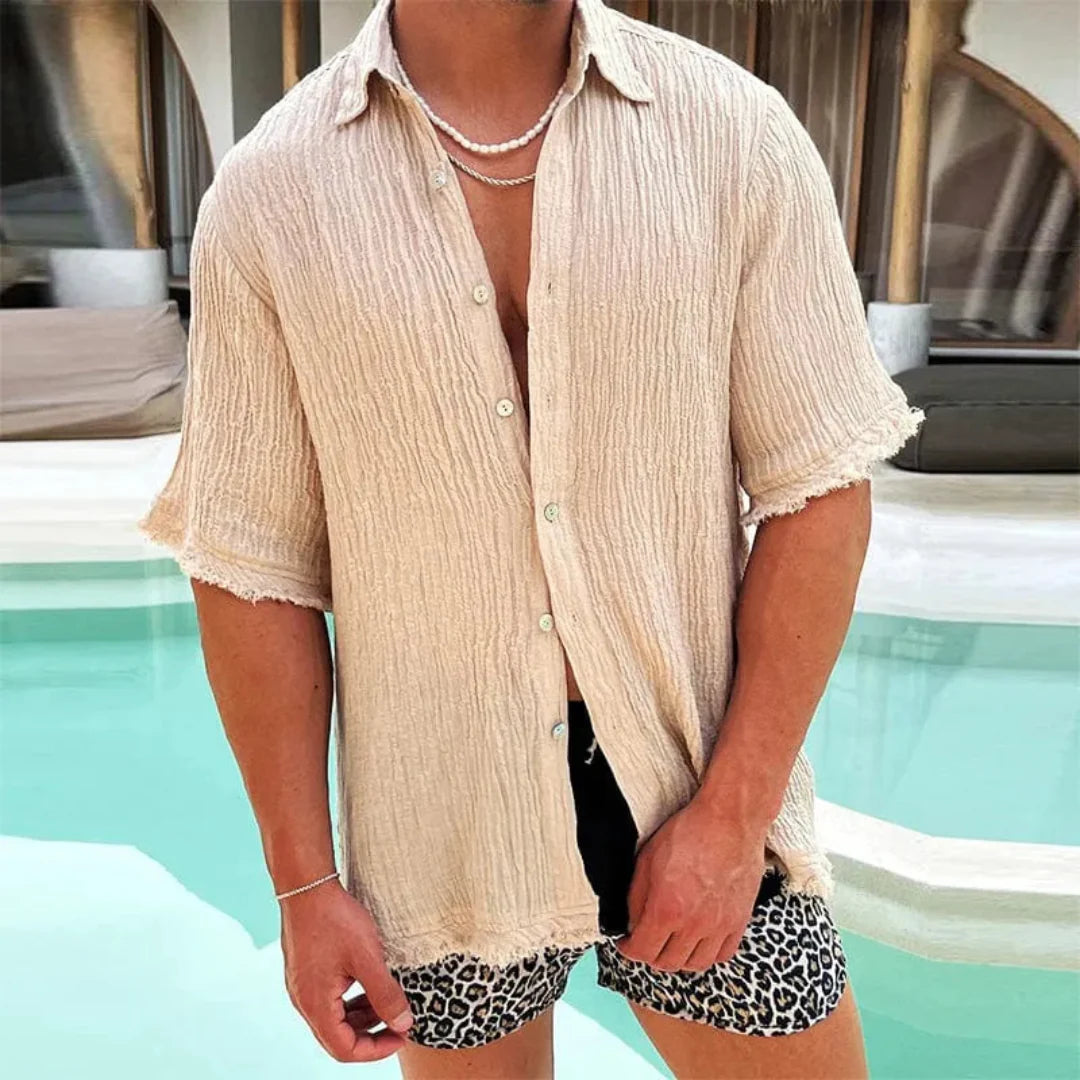 Men's Summer Casual Shirt With Short Sleeves And Frayed Hem