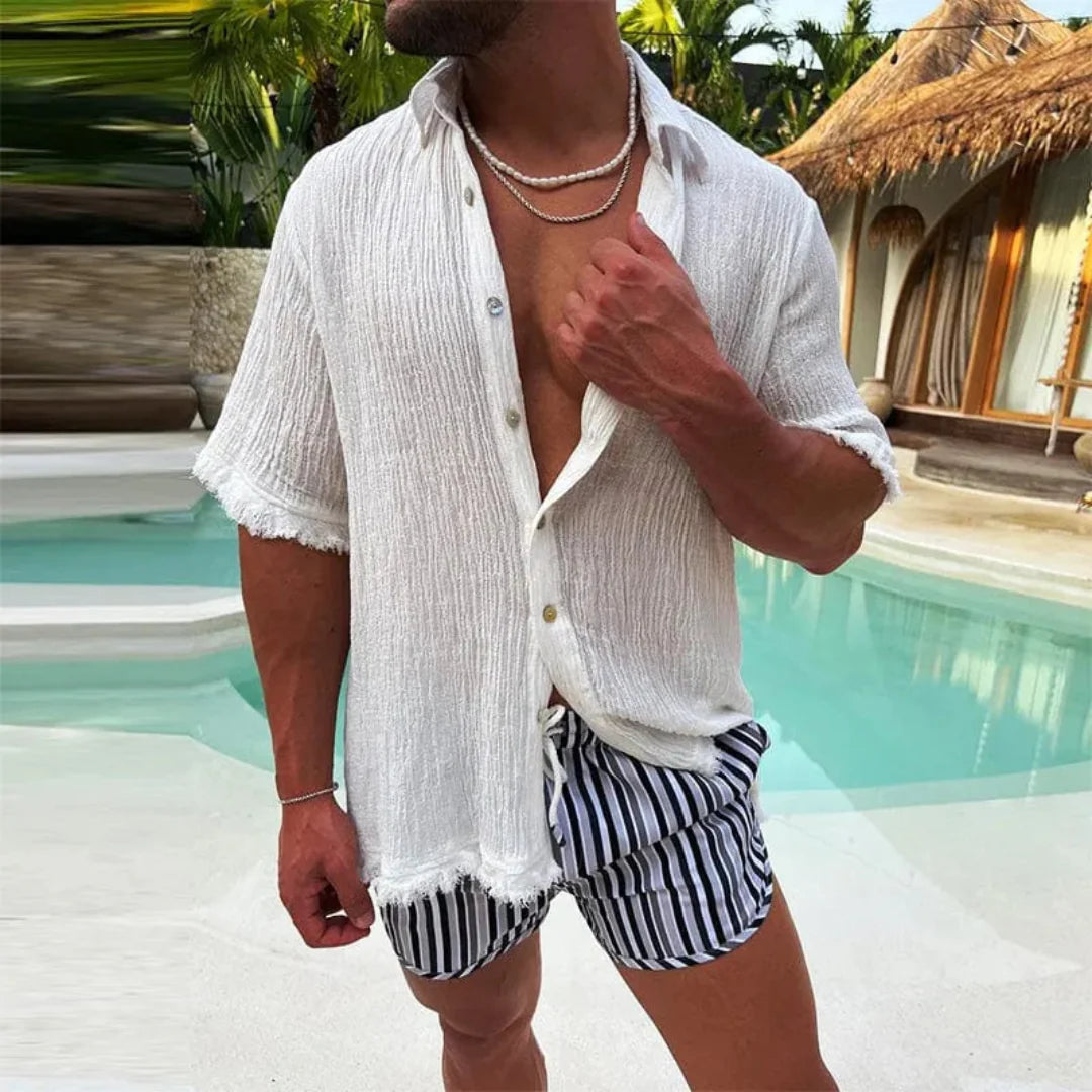 Men's Summer Casual Shirt With Short Sleeves And Frayed Hem