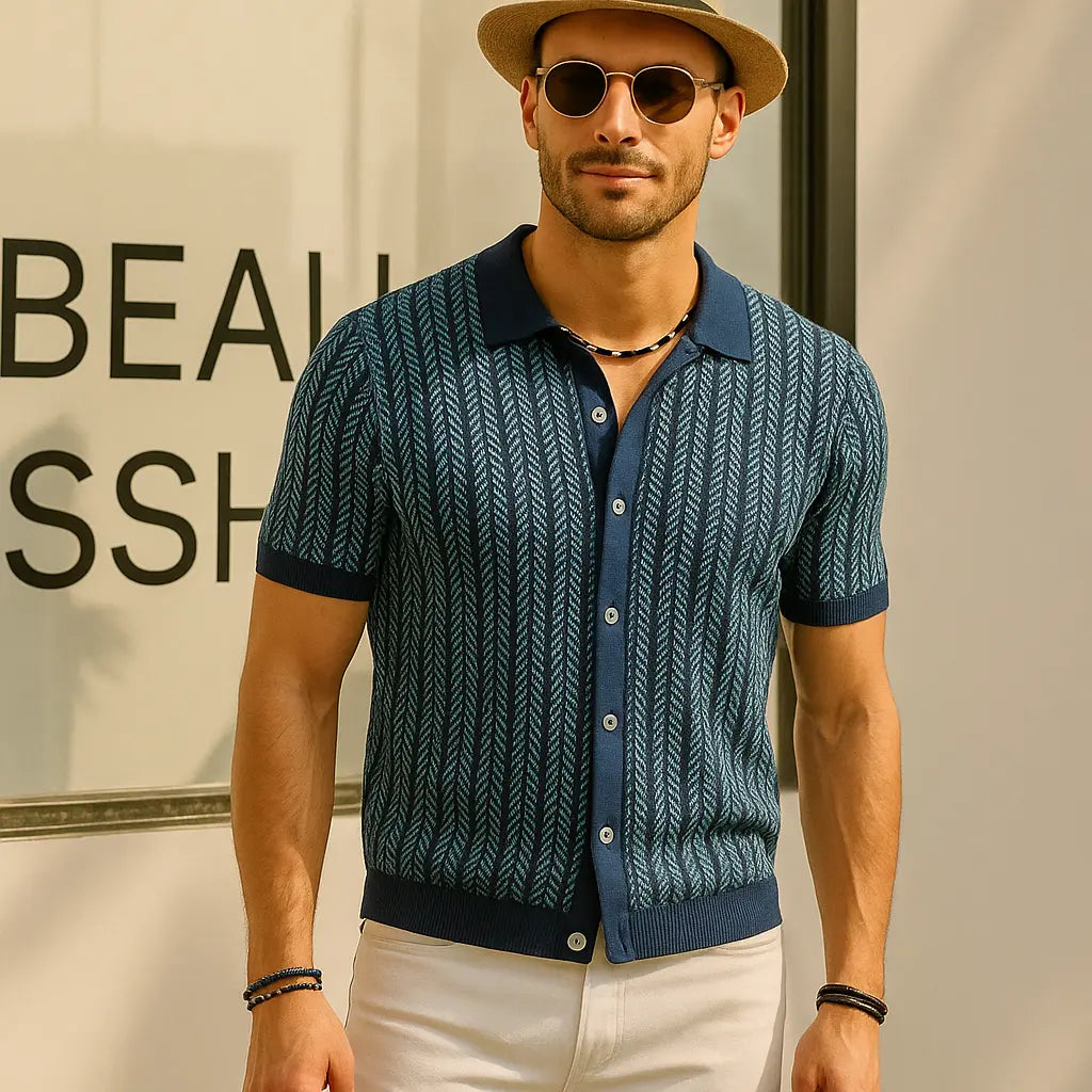 Men's Retro Patterned Button-down Polo Shirt With Short Sleeves
