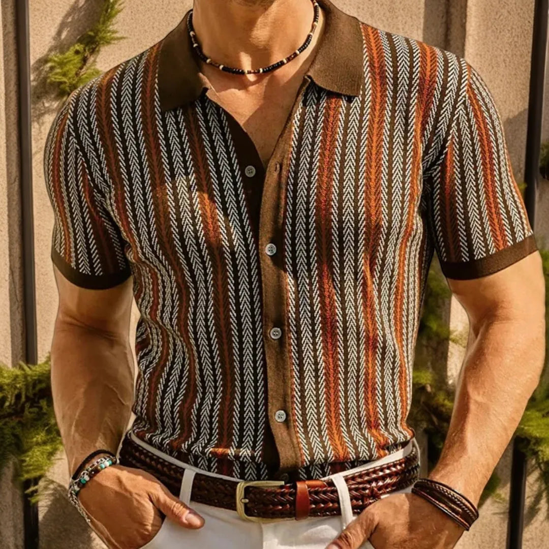 Men's Retro Patterned Button-down Polo Shirt With Short Sleeves