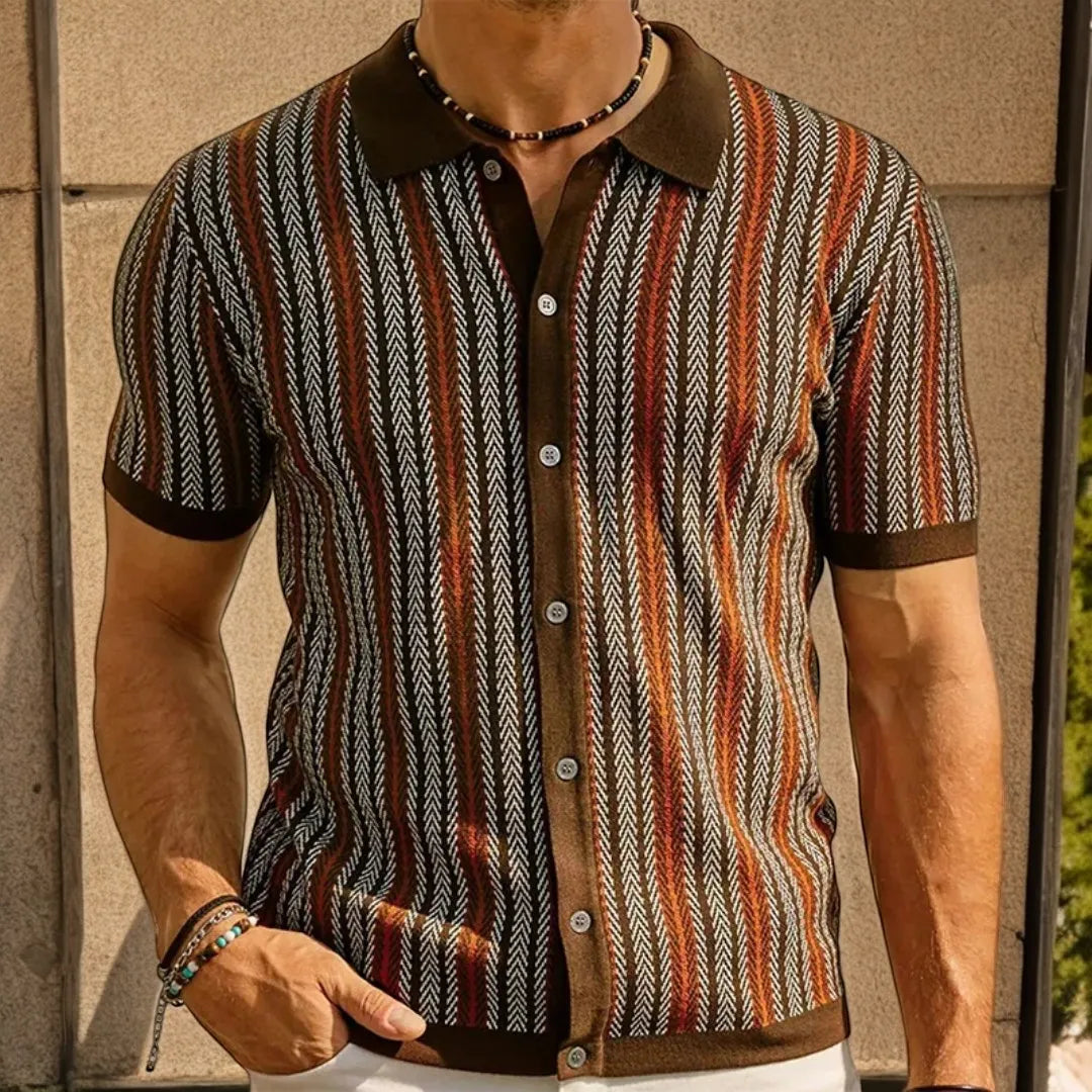 Men's Retro Patterned Button-down Polo Shirt With Short Sleeves