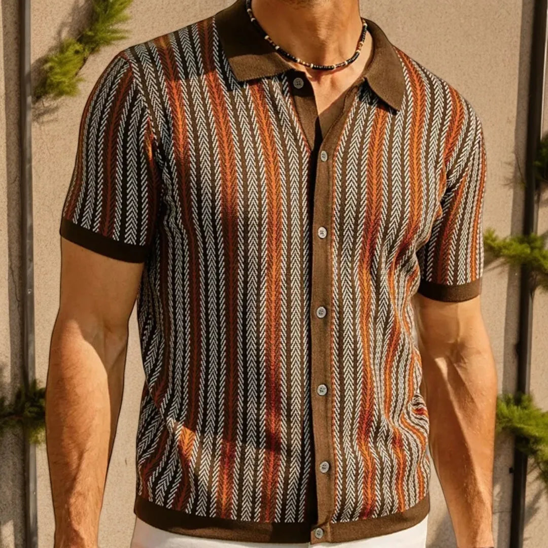 Men's Retro Patterned Button-down Polo Shirt With Short Sleeves