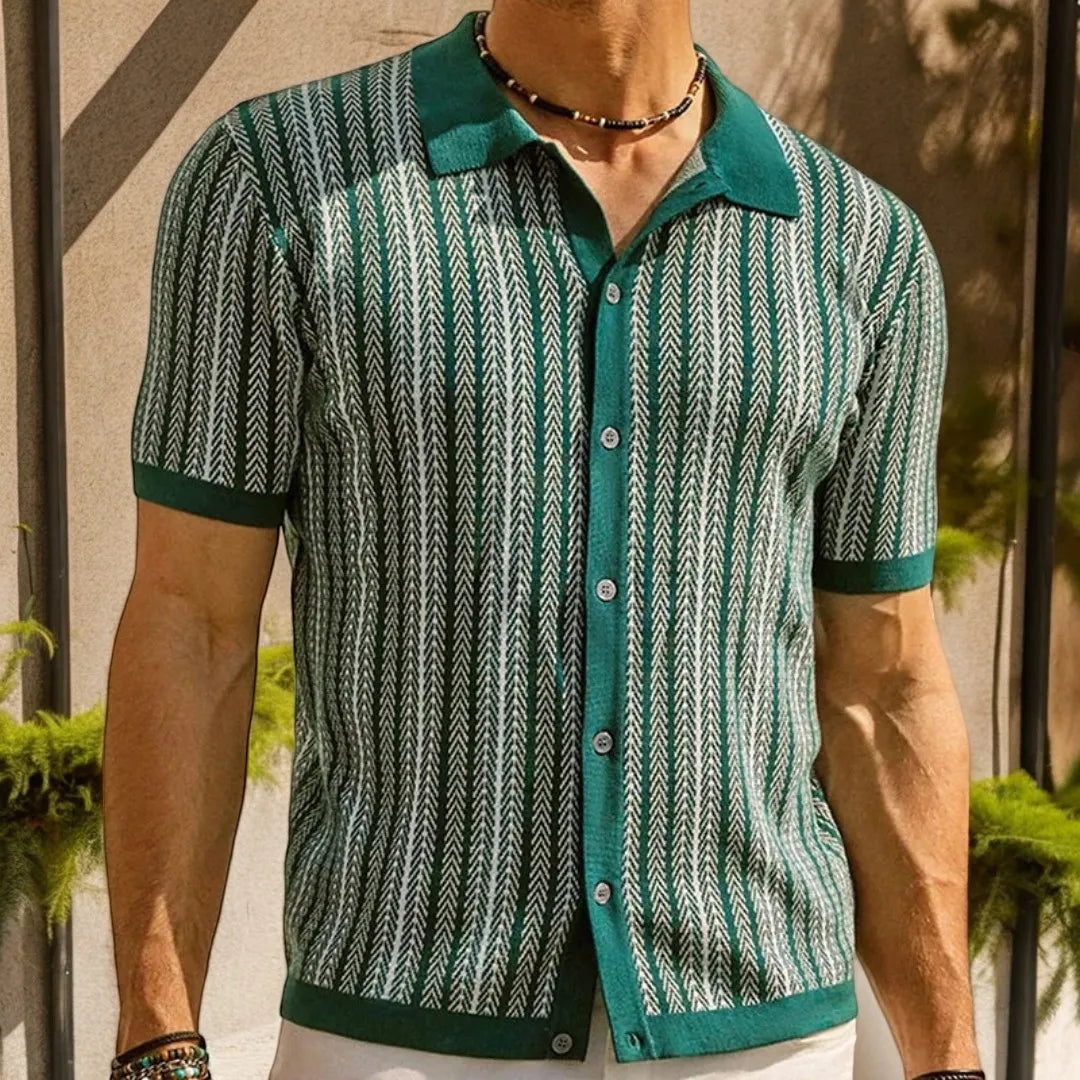 Men's Retro Patterned Button-down Polo Shirt With Short Sleeves