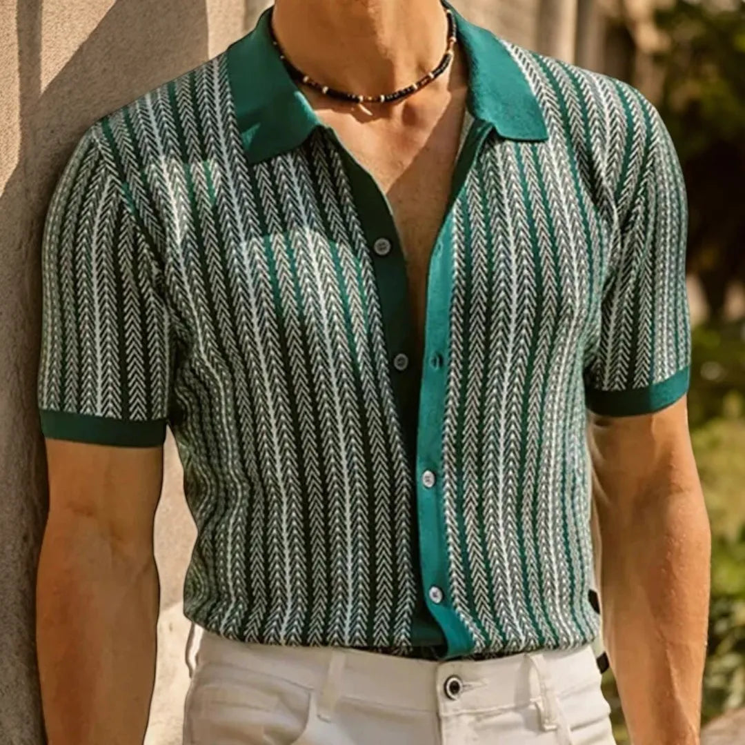 Men's Retro Patterned Button-down Polo Shirt With Short Sleeves