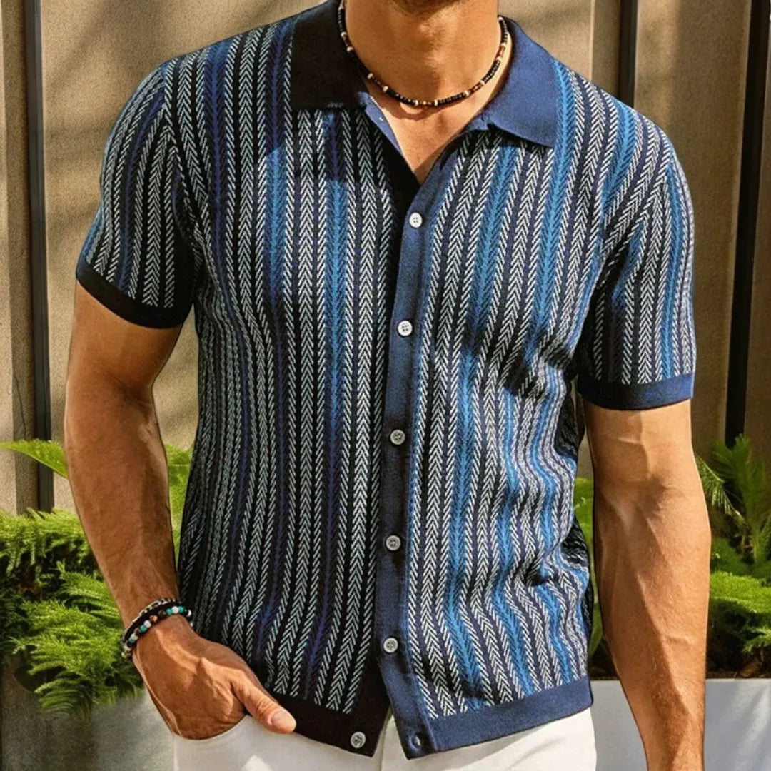 Men's Retro Patterned Button-down Polo Shirt With Short Sleeves