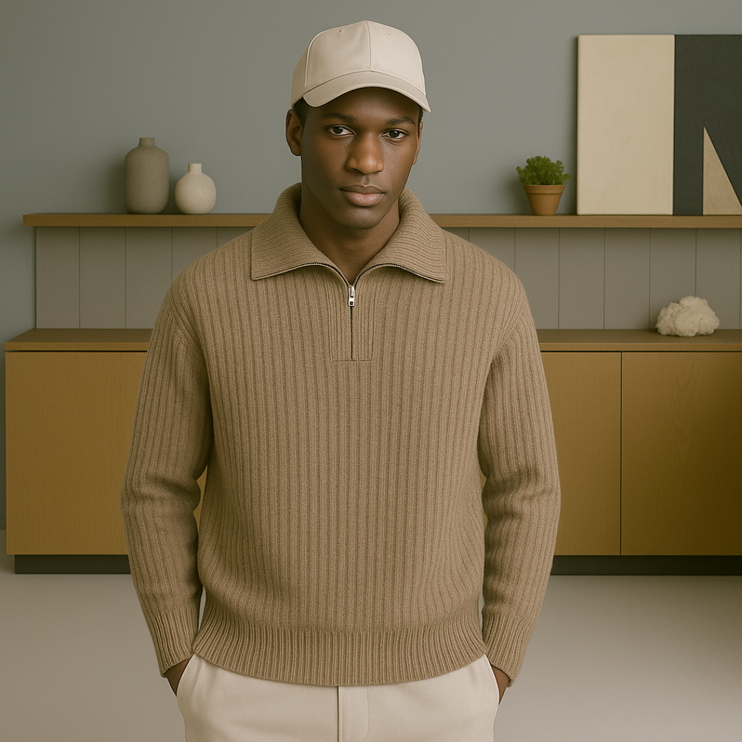 Cashmere Half-Zip Sweater for Men – Luxurious Softness, Relaxed Fit, Durable Rib Structure