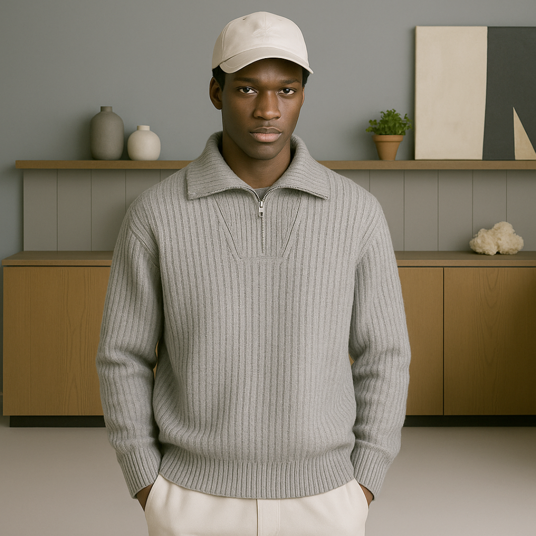 Cashmere Half-Zip Sweater for Men – Luxurious Softness, Relaxed Fit, Durable Rib Structure