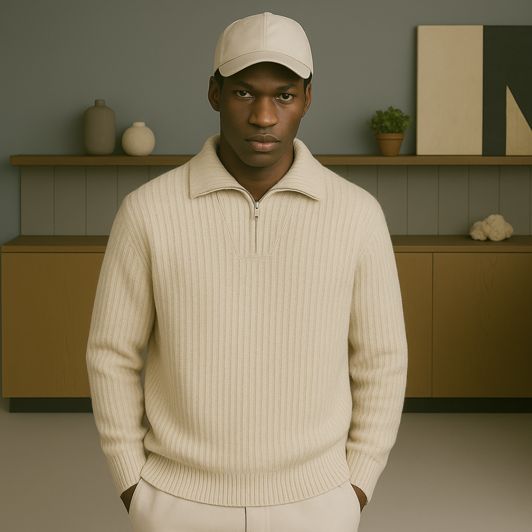 Cashmere Half-Zip Sweater for Men – Luxurious Softness, Relaxed Fit, Durable Rib Structure