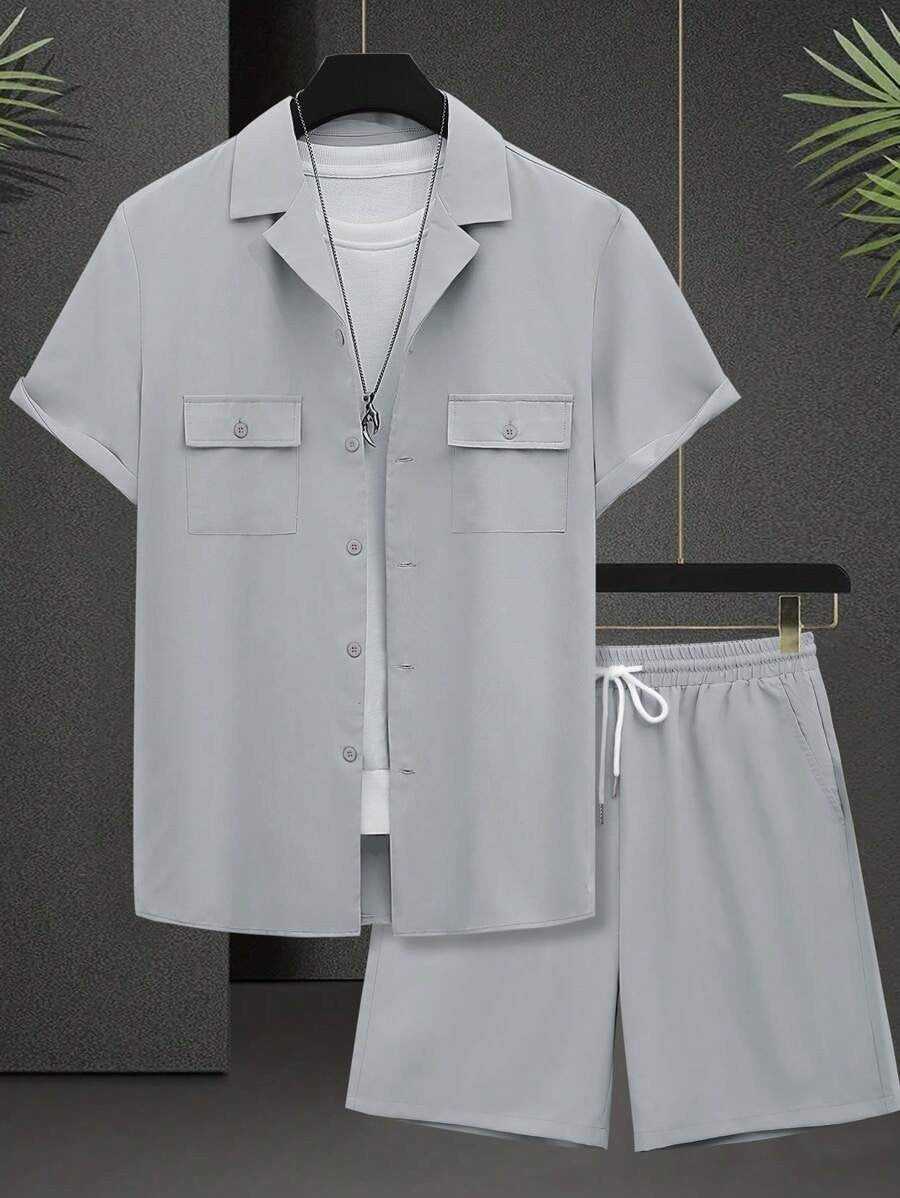 Casual Pocket Set with Short-Sleeve Shirt & Drawstring Shorts