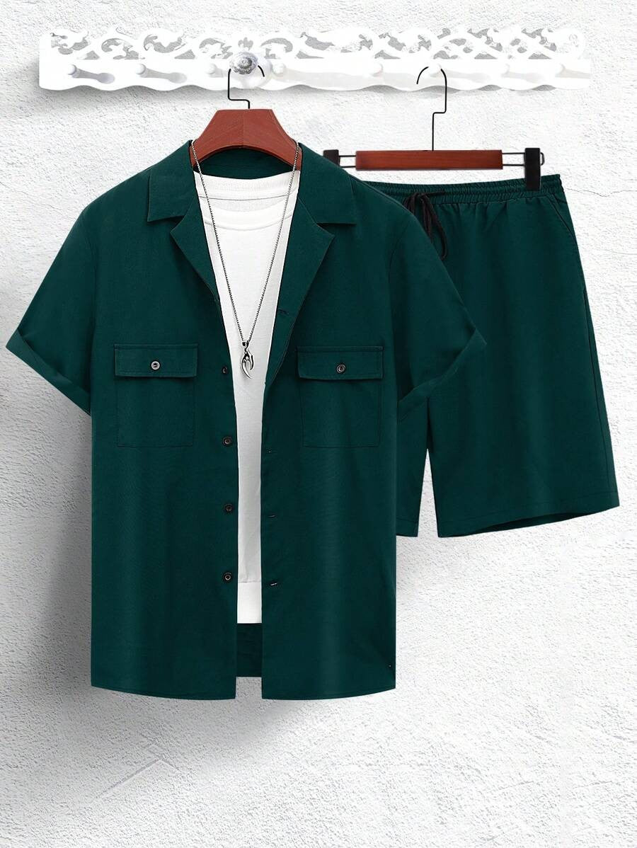 Casual Pocket Set with Short-Sleeve Shirt & Drawstring Shorts