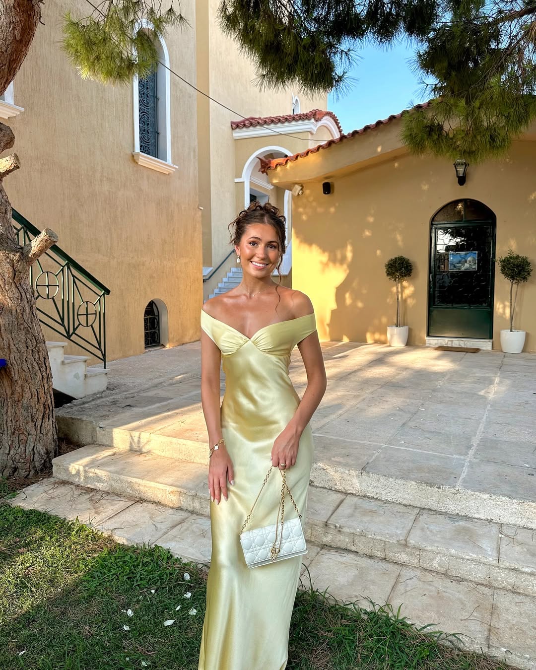 OFF-SHOULDER SATIN WEDDING GUEST MAXI DRESS WITH OPEN BACK