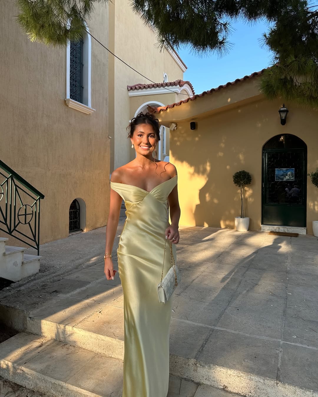 OFF-SHOULDER SATIN WEDDING GUEST MAXI DRESS WITH OPEN BACK