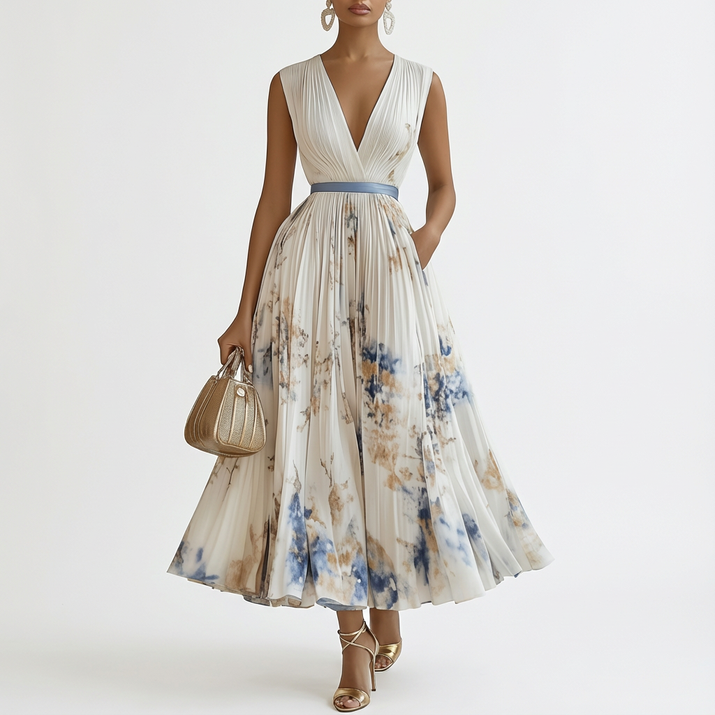 Clara | Women's Printed A-Line White Midi Dress