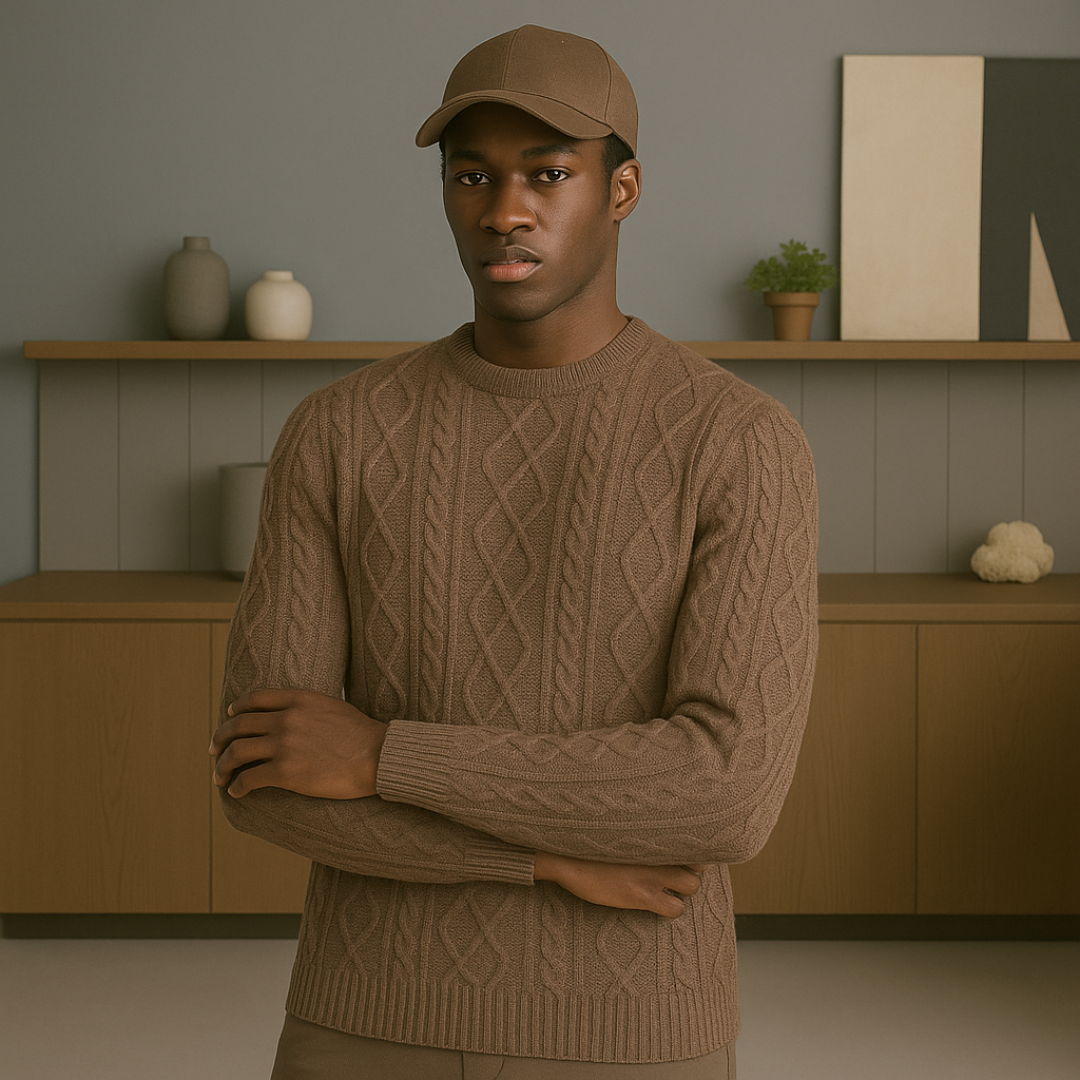 Classic Cashmere Cable Knit Sweater for Men – Round Neck, Ribbed Details, Timeless Fit, 100% Cashmere
