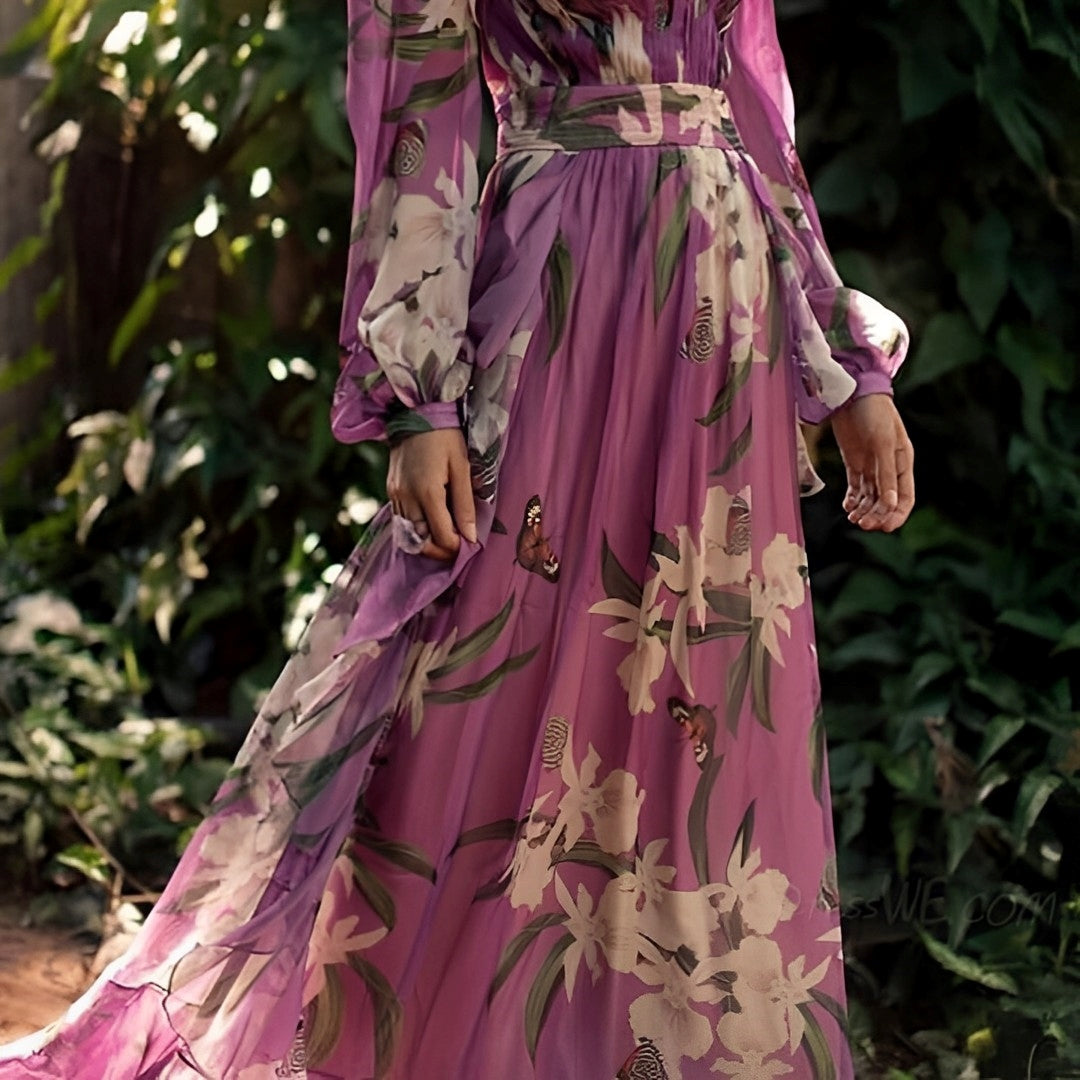 Women's Floral Chiffon Maxi Dress With V-neck And Long Sleeves