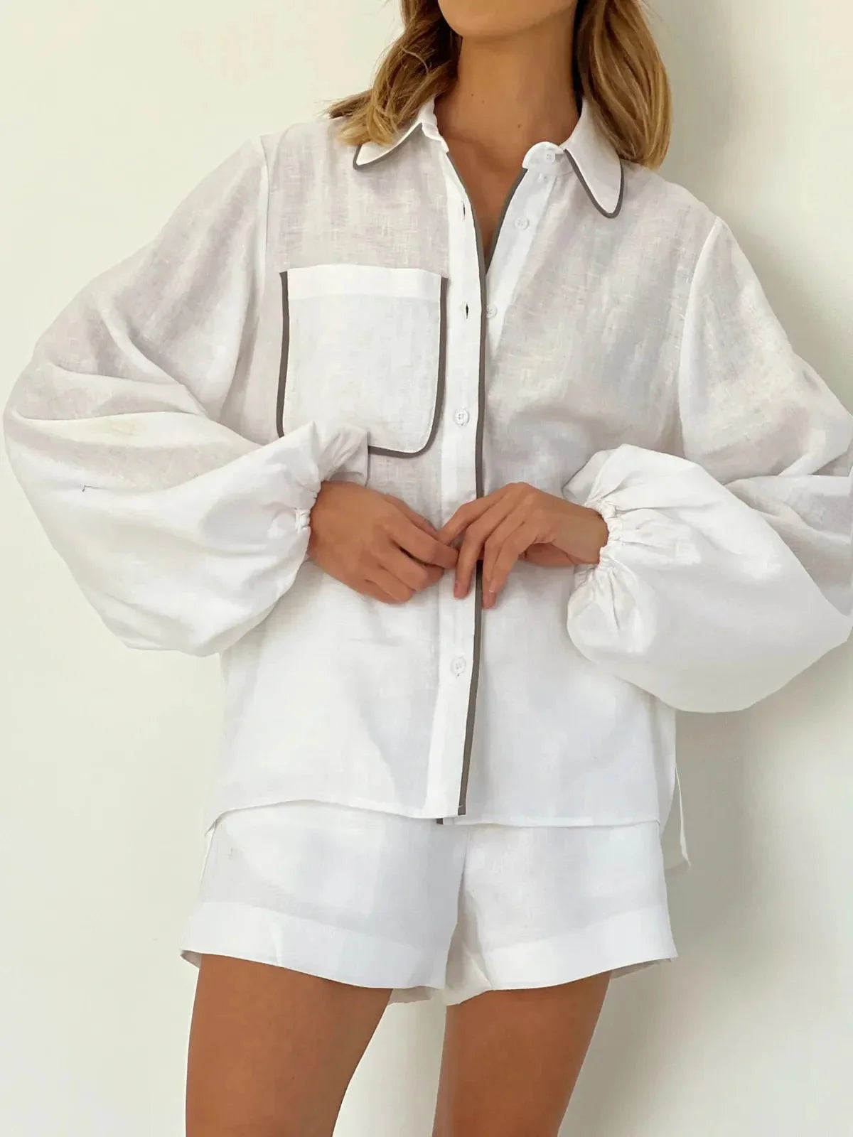 Women's Cotton-linen Two-piece Shorts Set With Contrast Trim