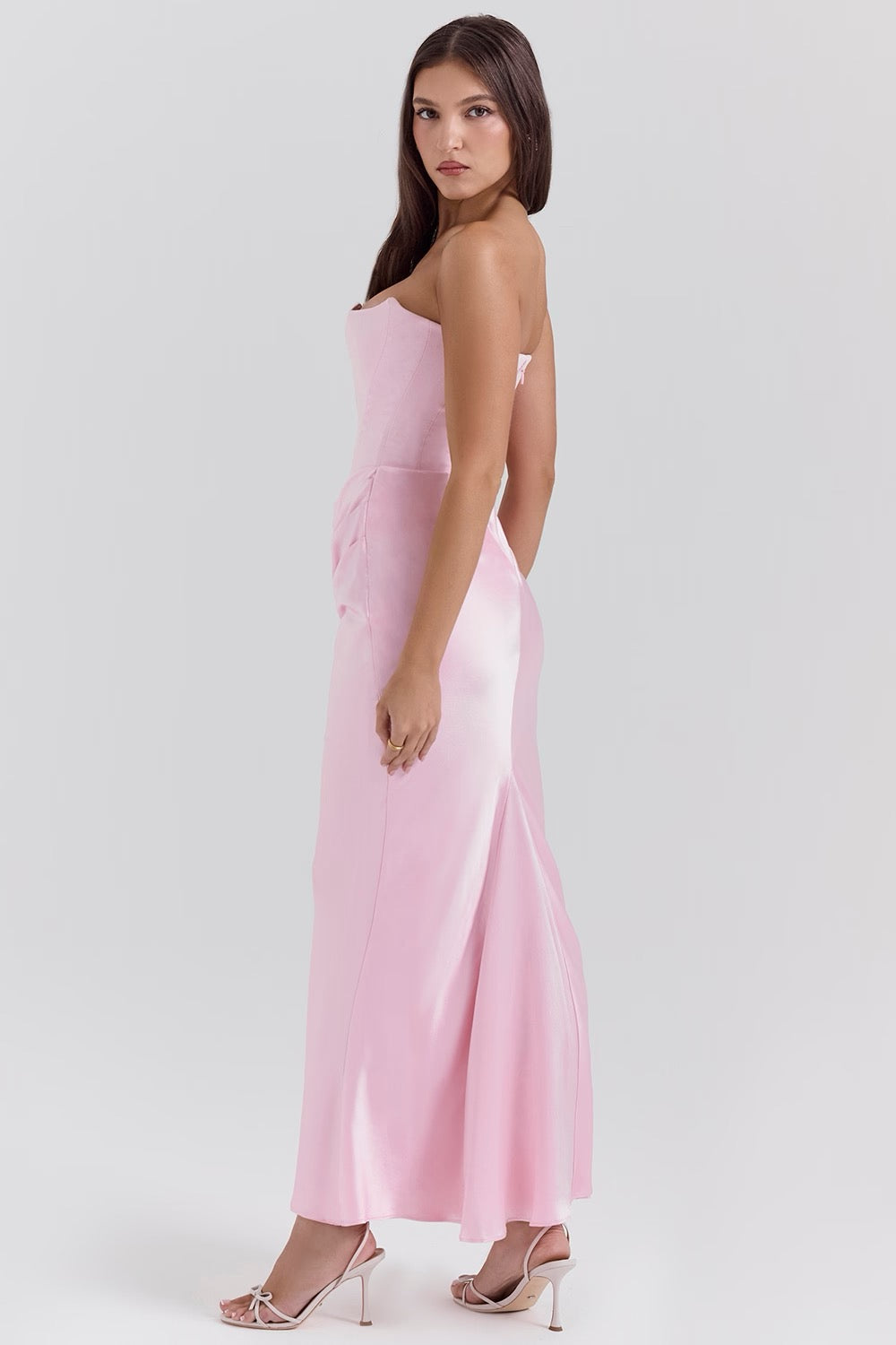 STRAPLESS CORSET SATIN WEDDING GUEST MAXI DRESS