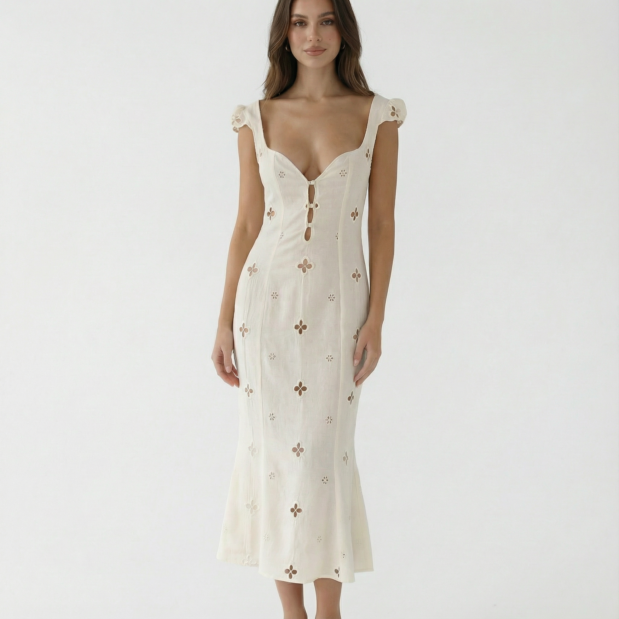 Daisy | Women's White Midi Dress With Sweetheart Neckline And Ruffle Straps | Feminine