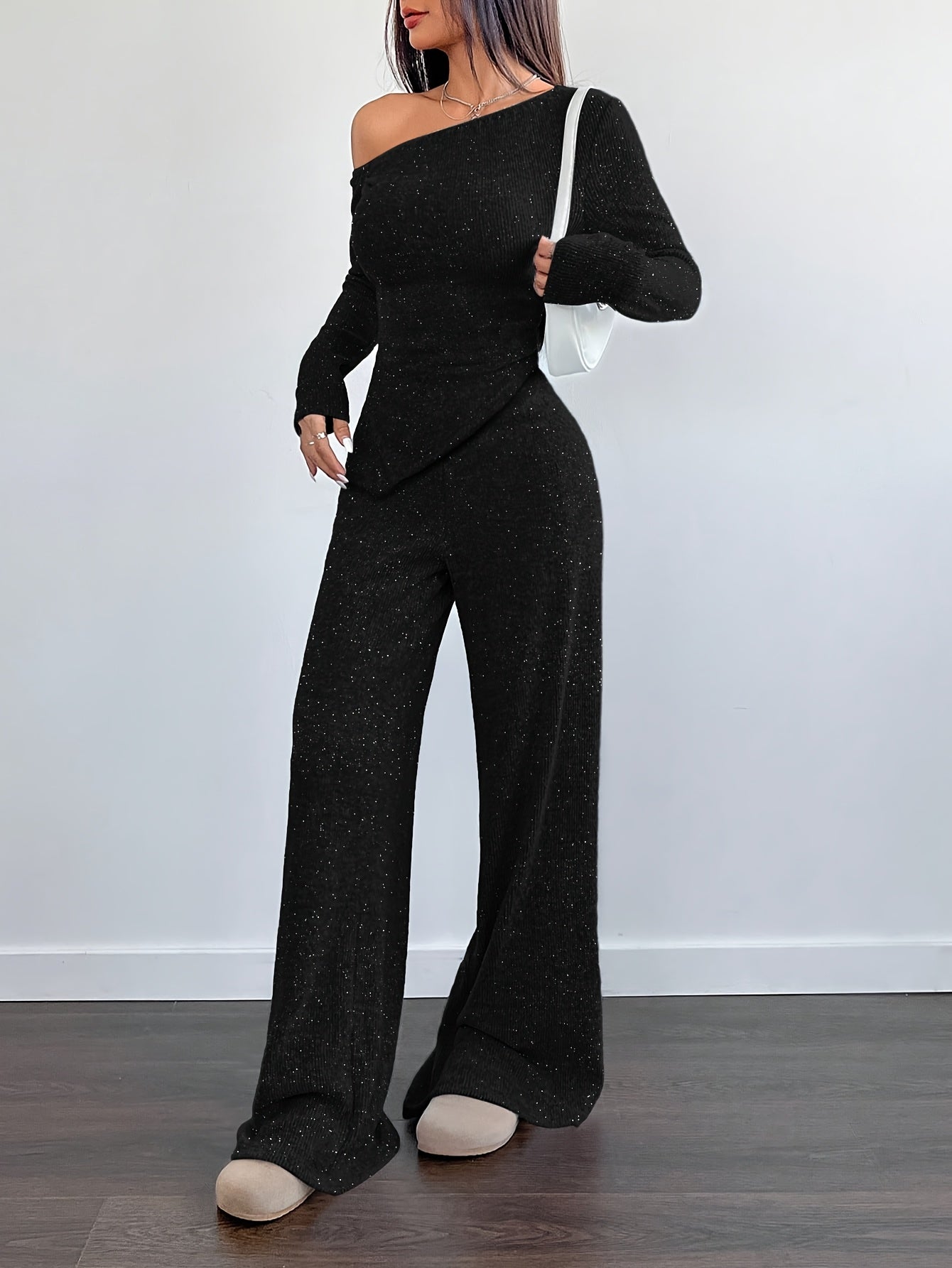 WOMEN'S SEQUIN JUMPSUIT WITH ONE SHOULDER AND LONG SLEEVES