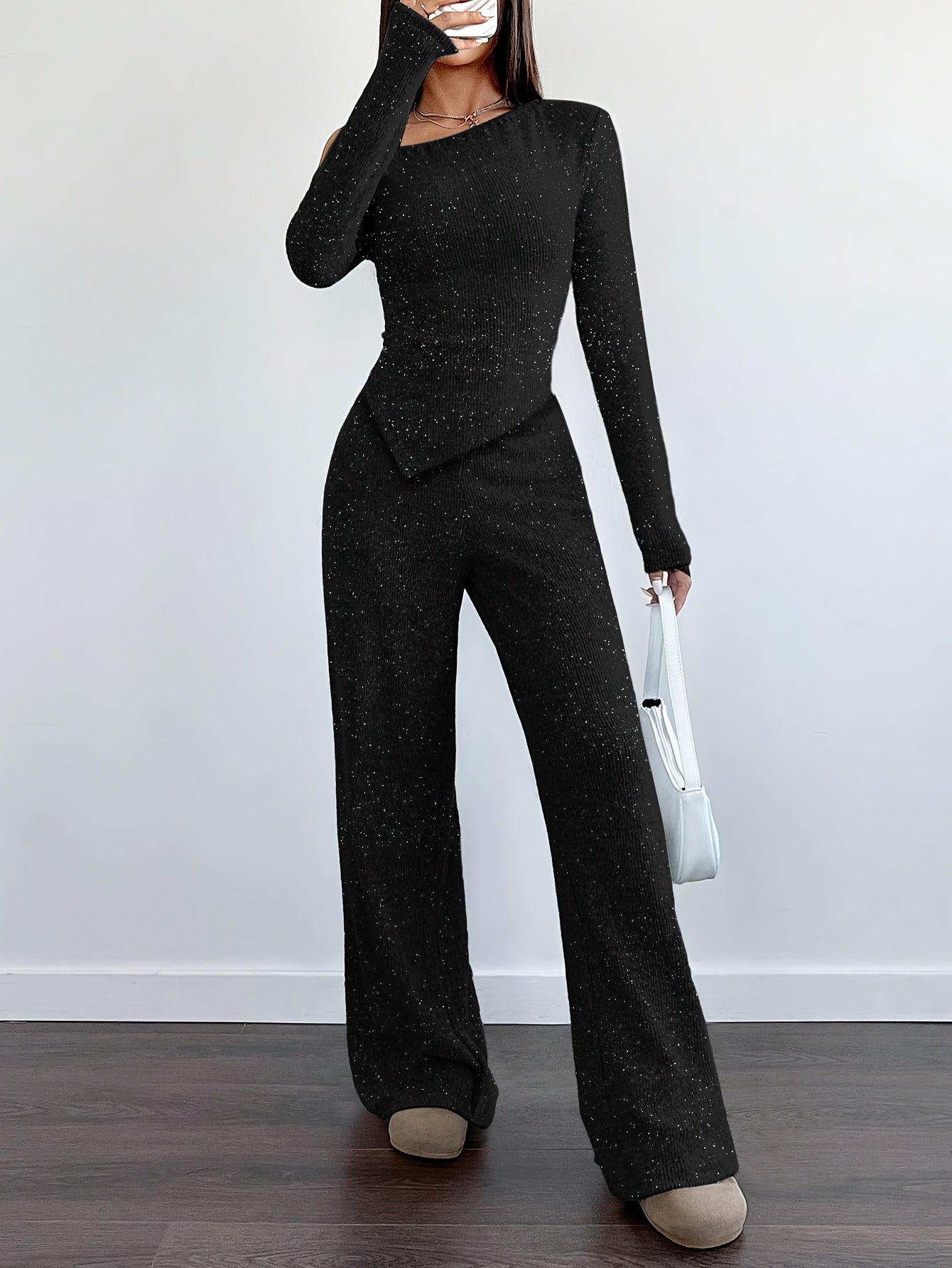 WOMEN'S SEQUIN JUMPSUIT WITH ONE SHOULDER AND LONG SLEEVES