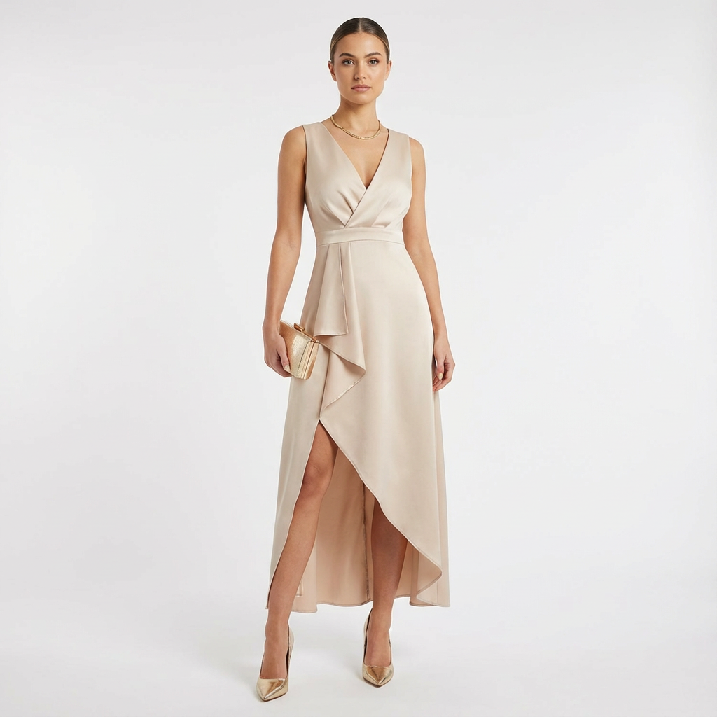 Dianna | Women's Beige Asymmetrical Midi V-Neck Dress