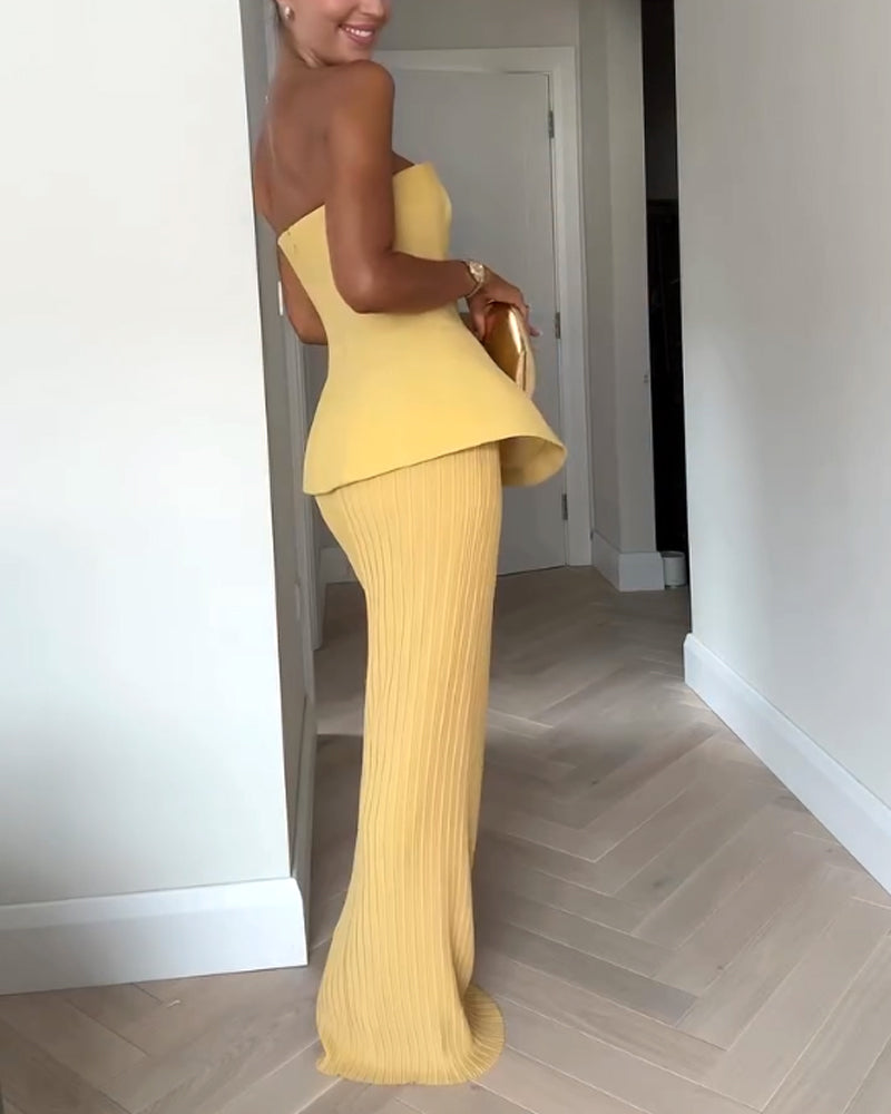 Women's Strapless Maxi Dress With Peplum Top & Textured Skirt