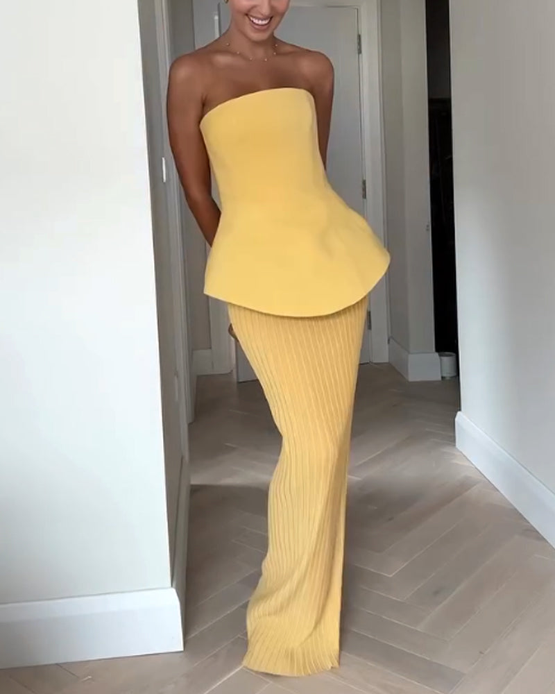 Women's Strapless Maxi Dress With Peplum Top & Textured Skirt