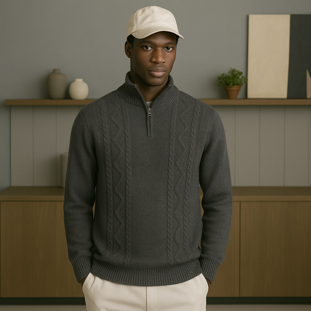Elegant Cashmere Half-Zip Sweater for Men, Cable Knit Design, Luxurious Softness and Warmth