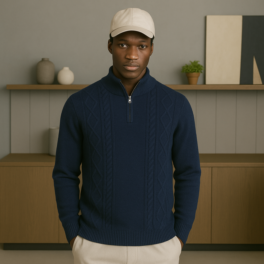 Elegant Cashmere Half-Zip Sweater for Men, Cable Knit Design, Luxurious Softness and Warmth