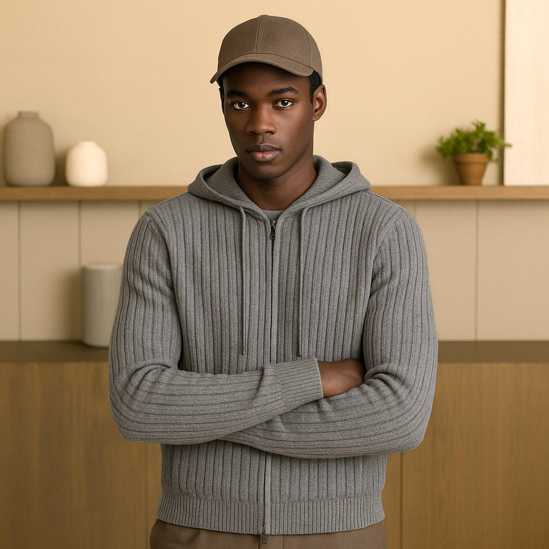 Elegant Cashmere Hoodie with Full Zipper and Adjustable Drawstring – Luxurious Ribbed Design for Men