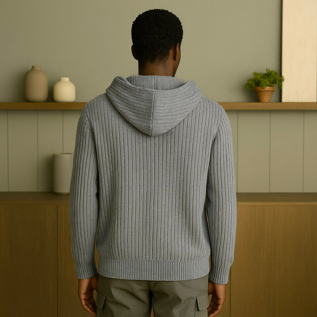 Elegant Cashmere Hoodie with Full Zipper and Adjustable Drawstring – Luxurious Ribbed Design for Men