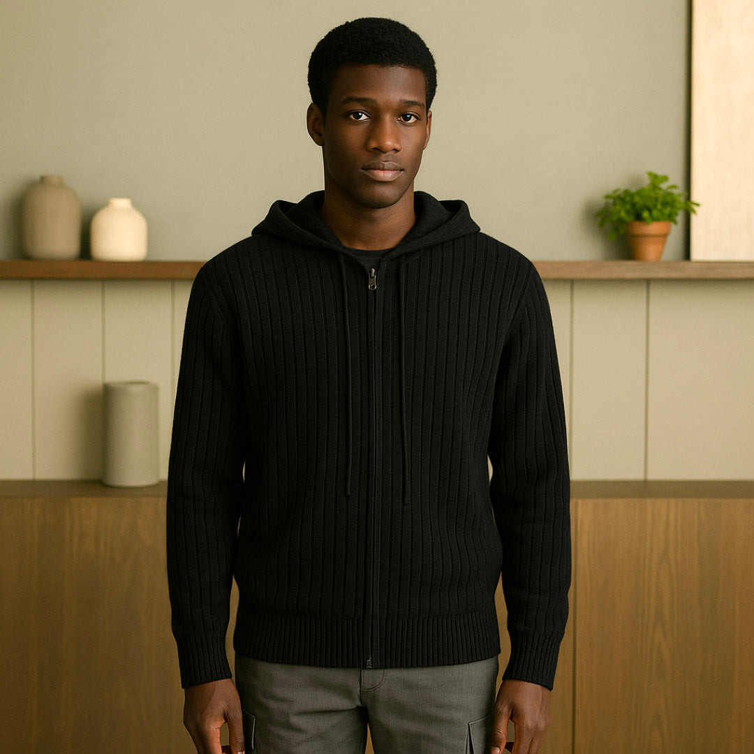 Elegant Cashmere Hoodie with Full Zipper and Adjustable Drawstring – Luxurious Ribbed Design for Men