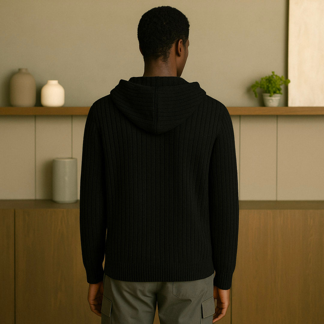 Elegant Cashmere Hoodie with Full Zipper and Adjustable Drawstring – Luxurious Ribbed Design for Men