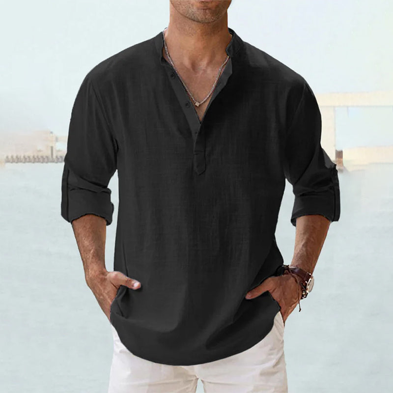 MEN'S LINEN CASUAL SHIRT WITH LONG SLEEVES AND HENLEY NECK