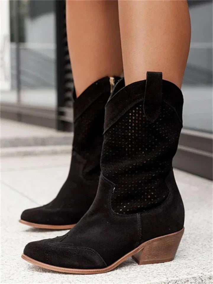 WOMEN'S LEATHER COWBOY BOOTS WITH CUTOUT DESIGN