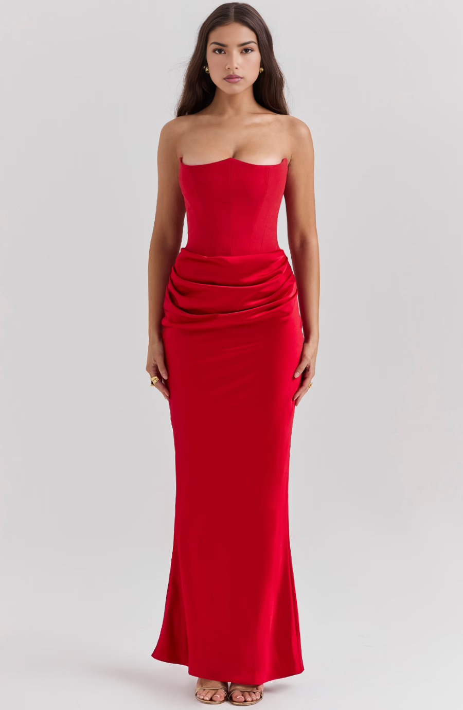 STRAPLESS CORSET SATIN WEDDING GUEST MAXI DRESS