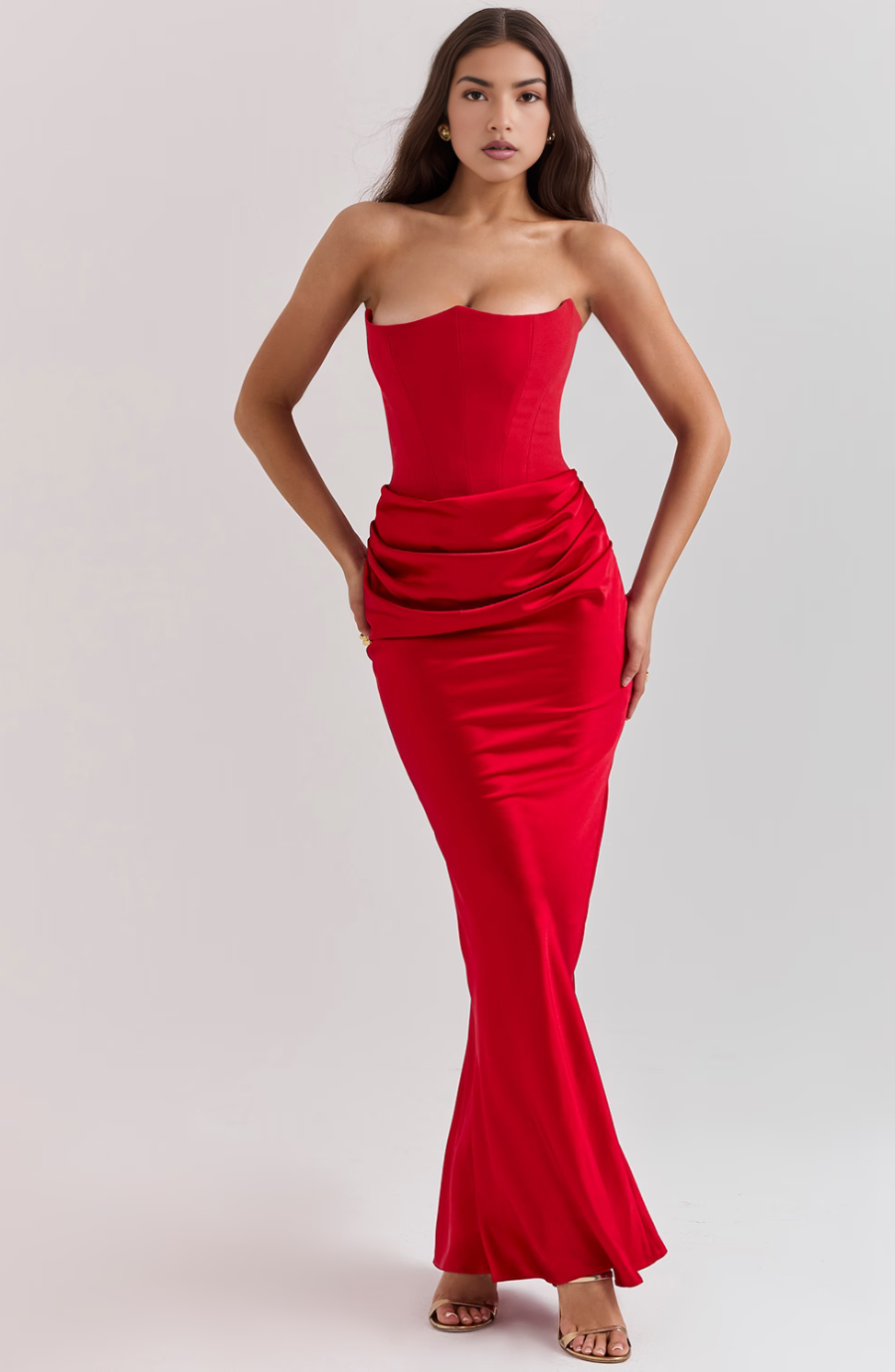 STRAPLESS CORSET SATIN WEDDING GUEST MAXI DRESS
