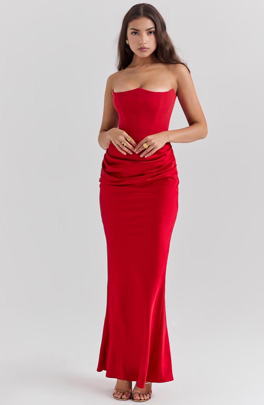 STRAPLESS CORSET SATIN WEDDING GUEST MAXI DRESS