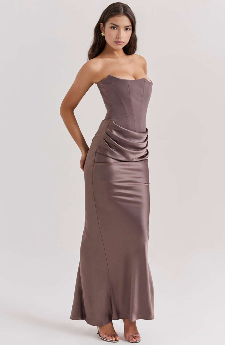 STRAPLESS CORSET SATIN WEDDING GUEST MAXI DRESS
