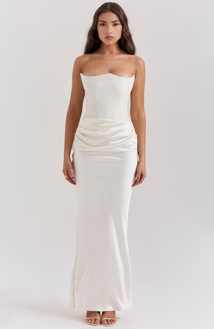 STRAPLESS CORSET SATIN WEDDING GUEST MAXI DRESS