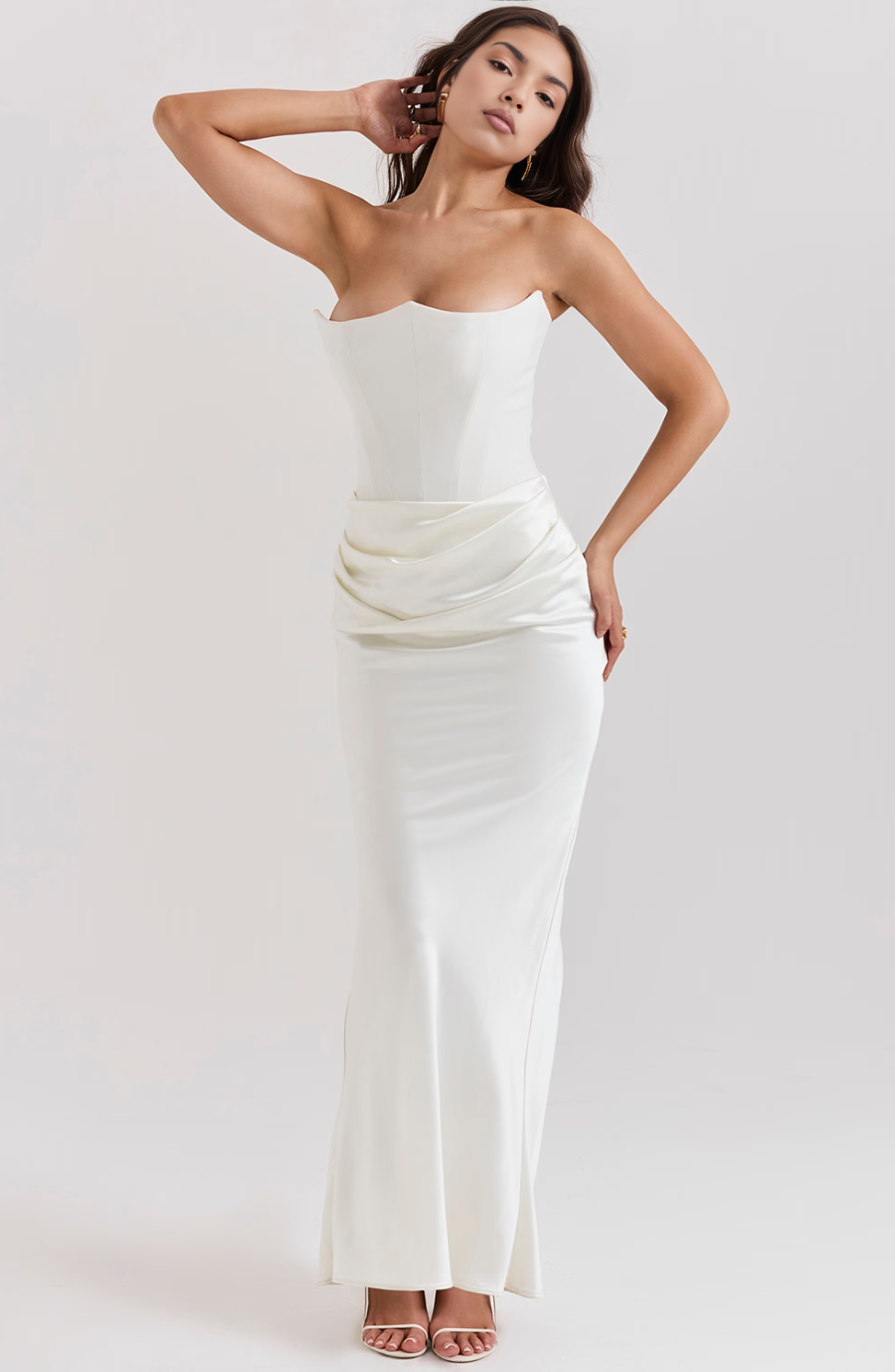STRAPLESS CORSET SATIN WEDDING GUEST MAXI DRESS
